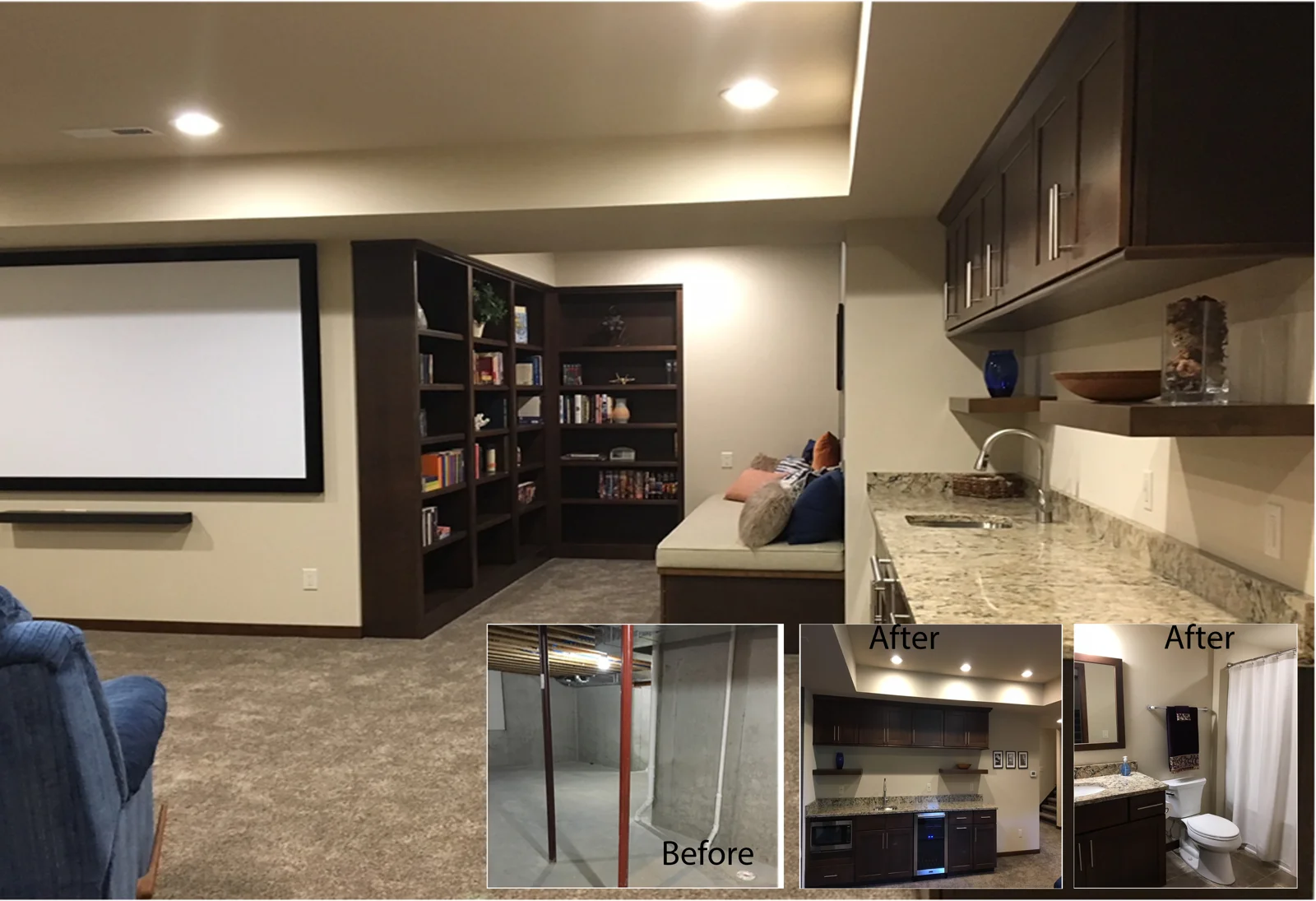 A basement media room and bar, shown in the original project album composite.