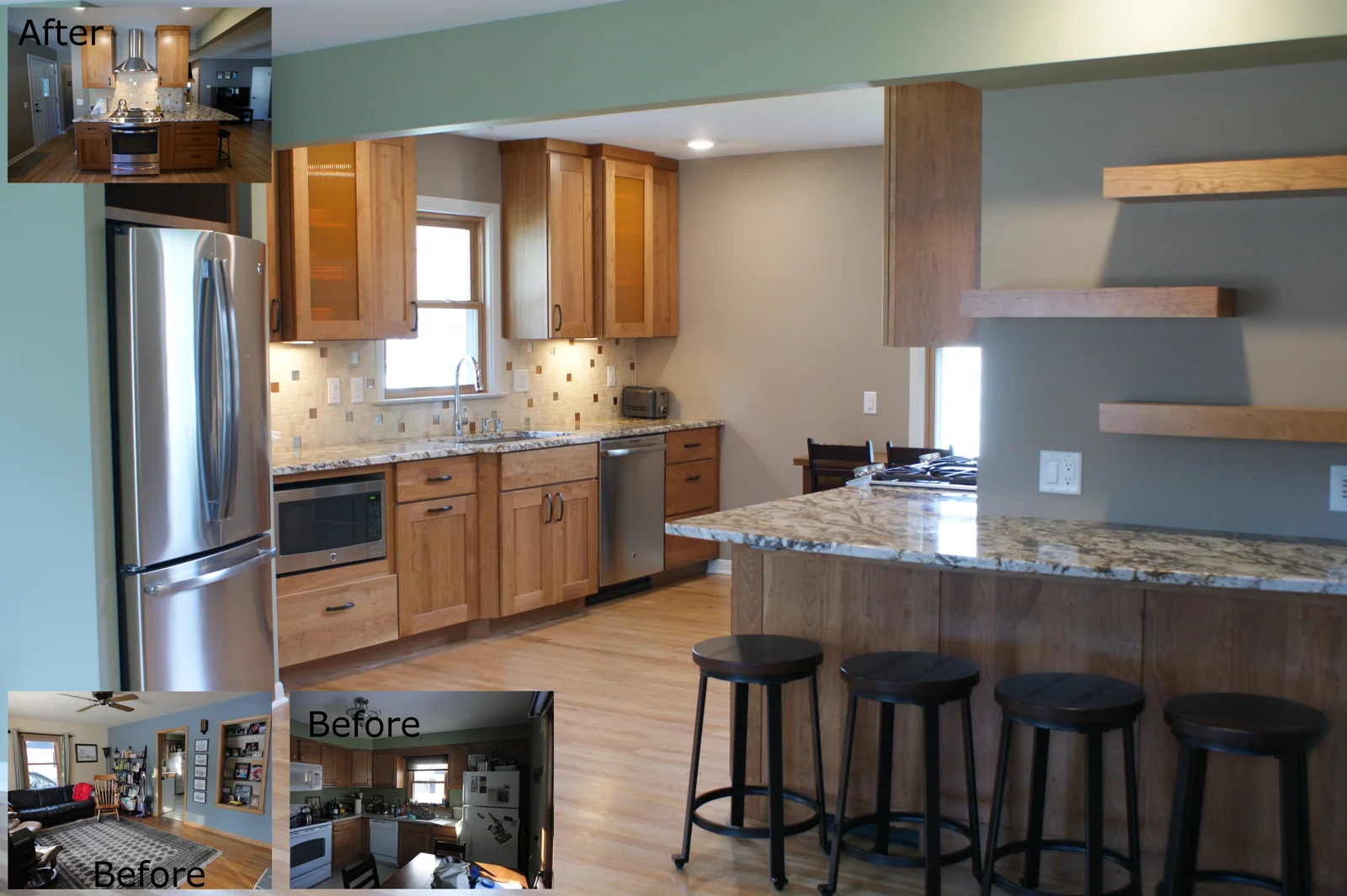 Wood cabinetry, an island and open shelving in Kitchen Remodel #11.