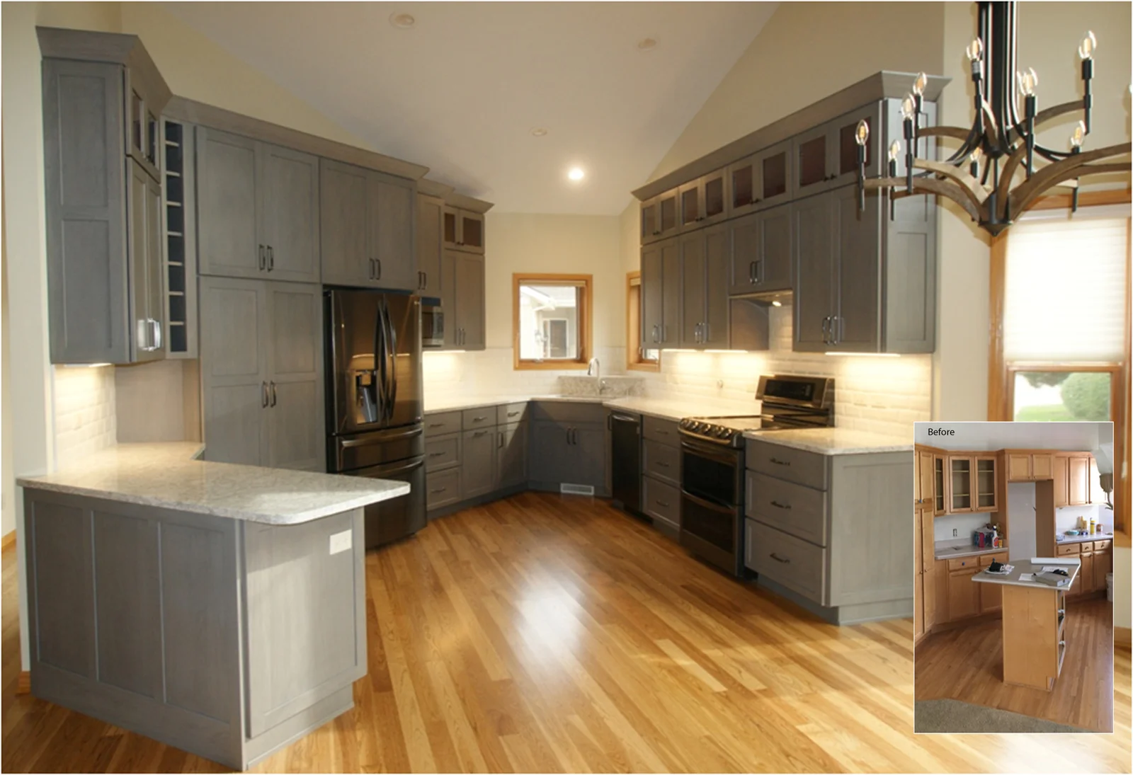 Kitchen Remodel #15 with light cabinetry and a wood floor.